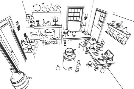 2d cartoon illustration of alchemy labの写真素材