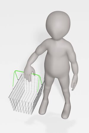 3D Render of Cartoon Character with Shopping Basketの写真素材