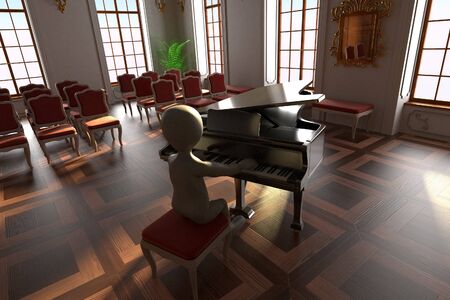 3D Render of Cartoon Character playing piano in Hallの写真素材