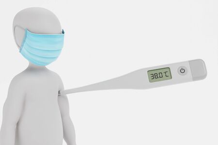 3D Render of Cartoon Character with Face Mask and Thermometer
