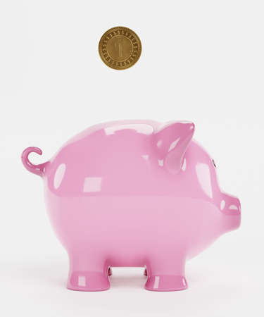 Realistic 3D Render of Piggy Bank with Coinの写真素材