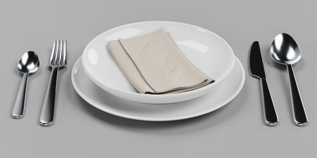 Realistic 3D Render of Plate with Cutleryの写真素材
