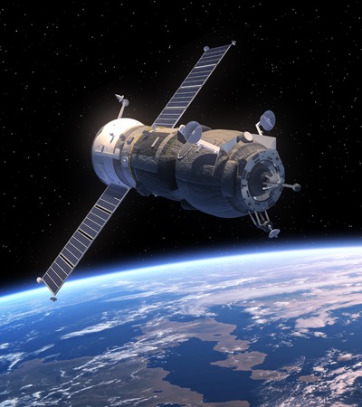 Cargo Spacecraft Progress Orbiting Earth. 3D Scene.の写真素材