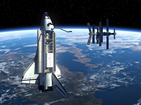 Space Station And Space Shuttle. 3D Scene.の写真素材