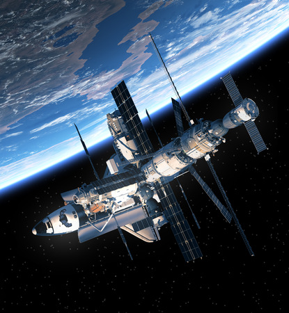 Space Shuttle And Space Station Orbiting Earth. 3D Scene.の写真素材