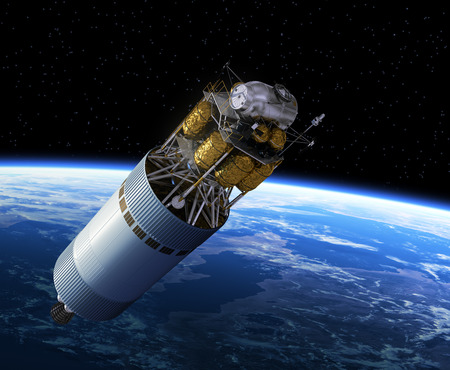 Crew Exploration Vehicle Orbiting Earth. 3D Scene.の写真素材