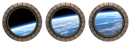 Three Space Station Portholes.  Realistic 3D Scene.の写真素材