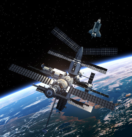 Space Station And Space Shuttle. 3D Scene.の写真素材