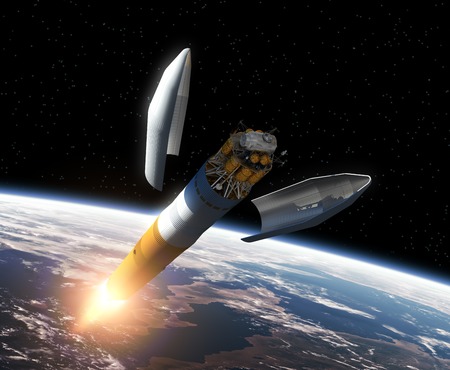 Crew Exploration Vehicle Orbiting Earth. 3D Scene.の写真素材