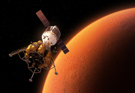 Interplanetary Space Station Orbiting Red Planet. 3D Scene.の写真素材