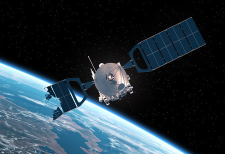 Crashed Satellite Orbiting Earth. Realistic 3D Scene.の写真素材