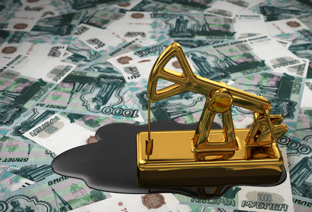 Golden Pumpjack And Spilled Oil Over Russian Rubles. 3D Scene.の写真素材