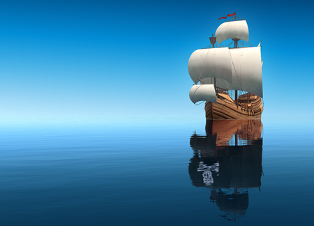 Sailing Ship And Its Reflection In The Form Of A Pirate Ship. 3D Scene.の写真素材