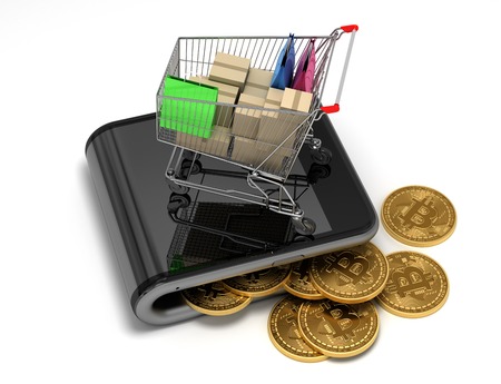 Concept Of Virtual Wallet With Bitcoins And Shopping Cart. 3D Illustration.の写真素材
