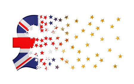 Pound Sterling Sign Falling Apart To Gold Stars Over White Background. 3D Illustration.の写真素材