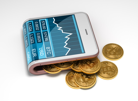 Concept Of Pink Virtual Wallet And Bitcoins. Gold Bitcoins Spill Out Of The Curved Smartphone. The Screen Shows A Graph Of The Bitcoin Price Chart And Other Currencies. 3D Illustration.の写真素材