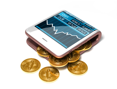 Concept Of Pink Digital Wallet And Bitcoins On White Background. Gold Bitcoins Spill Out Of The Curved Smartphone. 3D Illustration.の写真素材