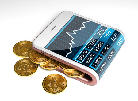 Concept Of Pink Digital Wallet And Bitcoins. Gold Bitcoins Spill Out Of The Pink Curved Smartphone. The Screen Shows A Graph Of The Bitcoin Price Chart And Other Currencies. 3D Illustration.の写真素材