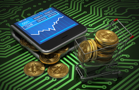 Concept Of Virtual Wallet With Bitcoins And Shopping Cart On Green Printed Circuit Boardの写真素材