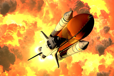 Space Shuttle Takes Off In The Clouds Of Fire. 3D Illustration.の写真素材