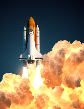 Space Shuttle In The Clouds Of Fire. 3D Illustration.の写真素材