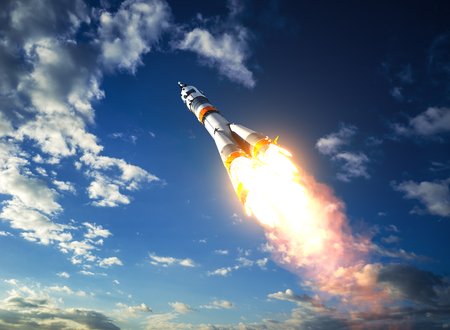 Carrier Rocket Takes Off To The Clouds. 3D Illustration.の写真素材
