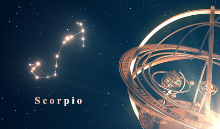 Zodiac Constellation Scorpio And Armillary Sphere Over Blue Background. 3D Illustration.の写真素材