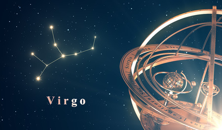 Zodiac Constellation Virgo And Armillary Sphere Over Blue Background. 3D Illustration.の写真素材
