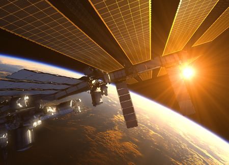 International Space Station In The Rays Of Red Sun. 3D Illustration.の写真素材