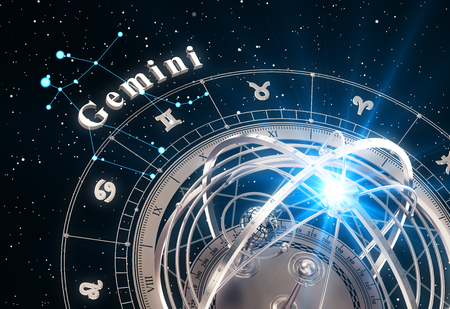 Zodiac Sign Gemini And Armillary Sphere On Black Backgroundの写真素材