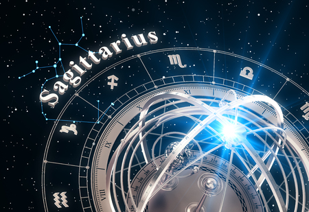 Zodiac Sign Sagittarius And Armillary Sphere On Black Backgroundの写真素材