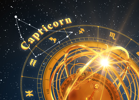Zodiac sign Capricorn and Armillary Sphere on blue background. 3D illustration.の写真素材