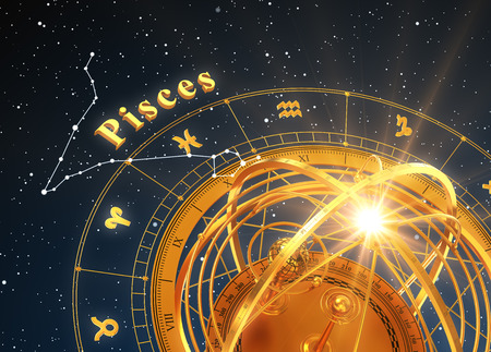 Zodiac Sign Pisces And Armillary Sphere On Blue Background. 3D Illustration.の写真素材