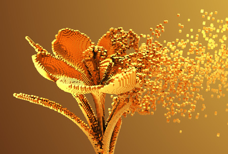 Gold Digital Flower Disintegrates To 3D Pixels. 3D Illustration.の写真素材