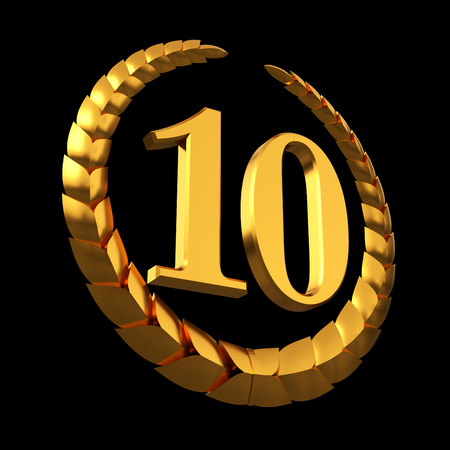 Anniversary Golden Laurel Wreath And Numeral 10 On Black Background . 3D Illustration.の写真素材