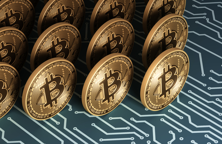 Gold Virtual Coins Bitcoins On Blue Printed Circuit Boardの写真素材