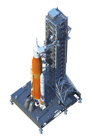 Space Launch System With Launchpad On White Backgroundの写真素材