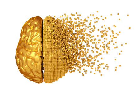 Desintegration Of Golden Digital Brain On White Backgroundの写真素材