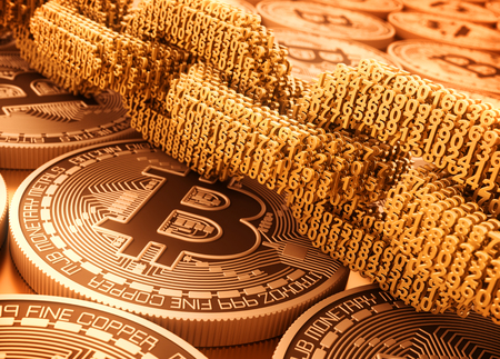 Digital Chain Of Interconnected 3D Numbers And Bitcoins.の写真素材