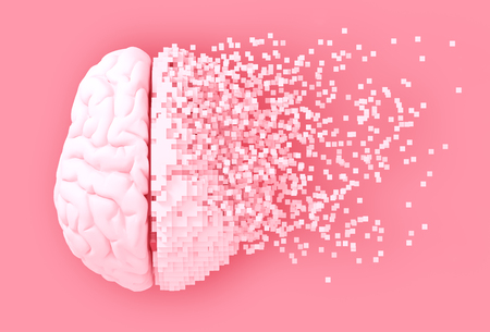Desintegration Of Digital Brain On Pink Background