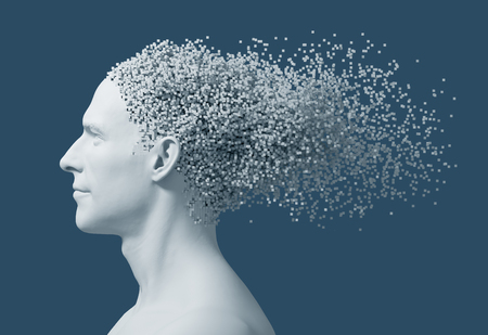 Desintegration On 3D Pixels Of Mans Head On Blue Backgroundの写真素材
