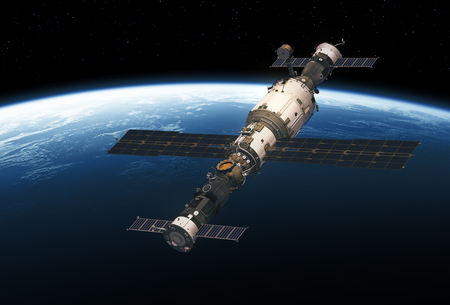 Space Station And Spacecrafts Orbiting Planet Earthの写真素材