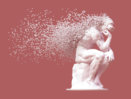 Sculpture Thinker With VR Glasses Desintegrated Into 3D Pixels On Pink Backgroundの写真素材