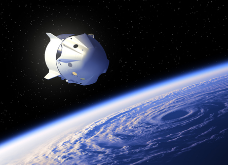 Flight Of The Commercial Spacecraft Above The Big Hurricaneの写真素材
