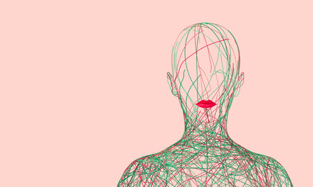 Silhouette Of Woman Consisting Of Tangled Colored Wires On Pink Backgroundの写真素材