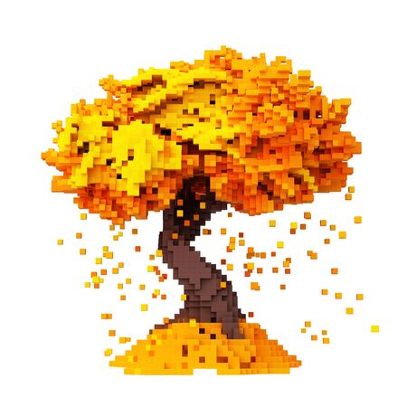 Digital Pixelated Falling Leaves From An Autumn Tree Isolated On White Backgroundの写真素材