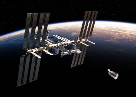 Commercial Spacecraft And International Space Station Orbiting Earth
