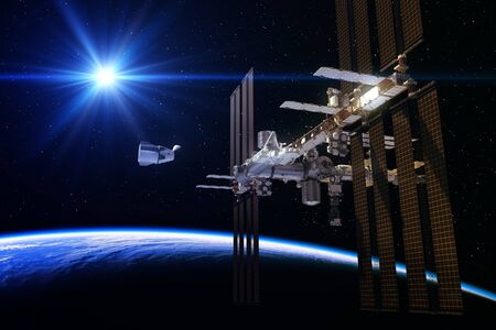 Commercial Spacecraft And International Space Station In The Rays Of Sun
