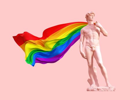 Sculpture David With Rainbow LGBT Flag On Pink Backgroundの写真素材