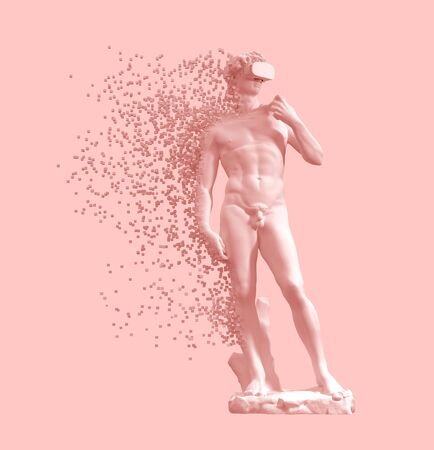 Digital Disintegration Of Sculpture David With VR Glasses On Pink Background